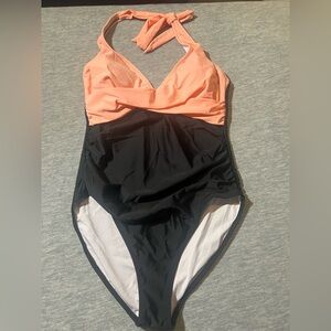 Swimsuit 1‎ piece women L colorblock solid ruched halter pin up vintage look new